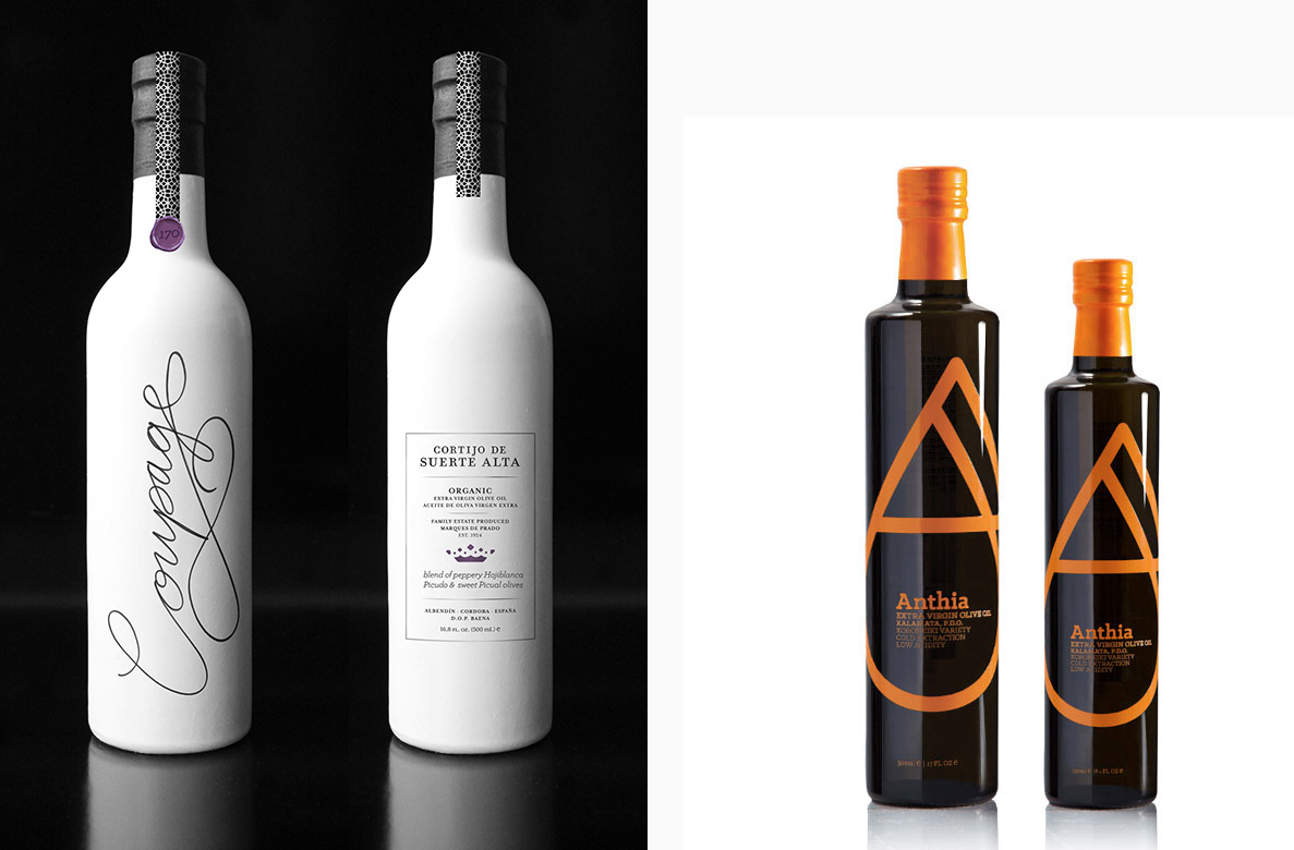 特级初榨橄榄油和橄榄油瓶的简约标签设计和包装设计